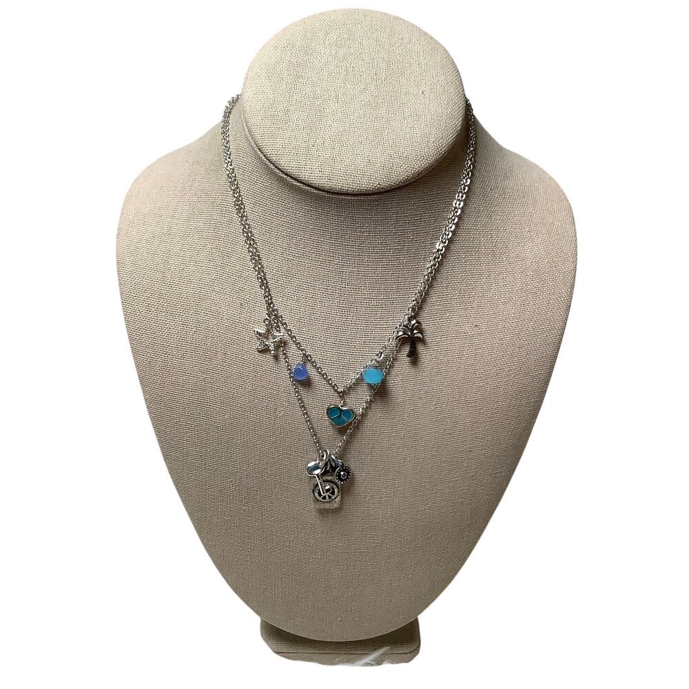 Aeropostale Silver Peace Heart Palm Tree Starfish Layered Charm Necklace F17-2